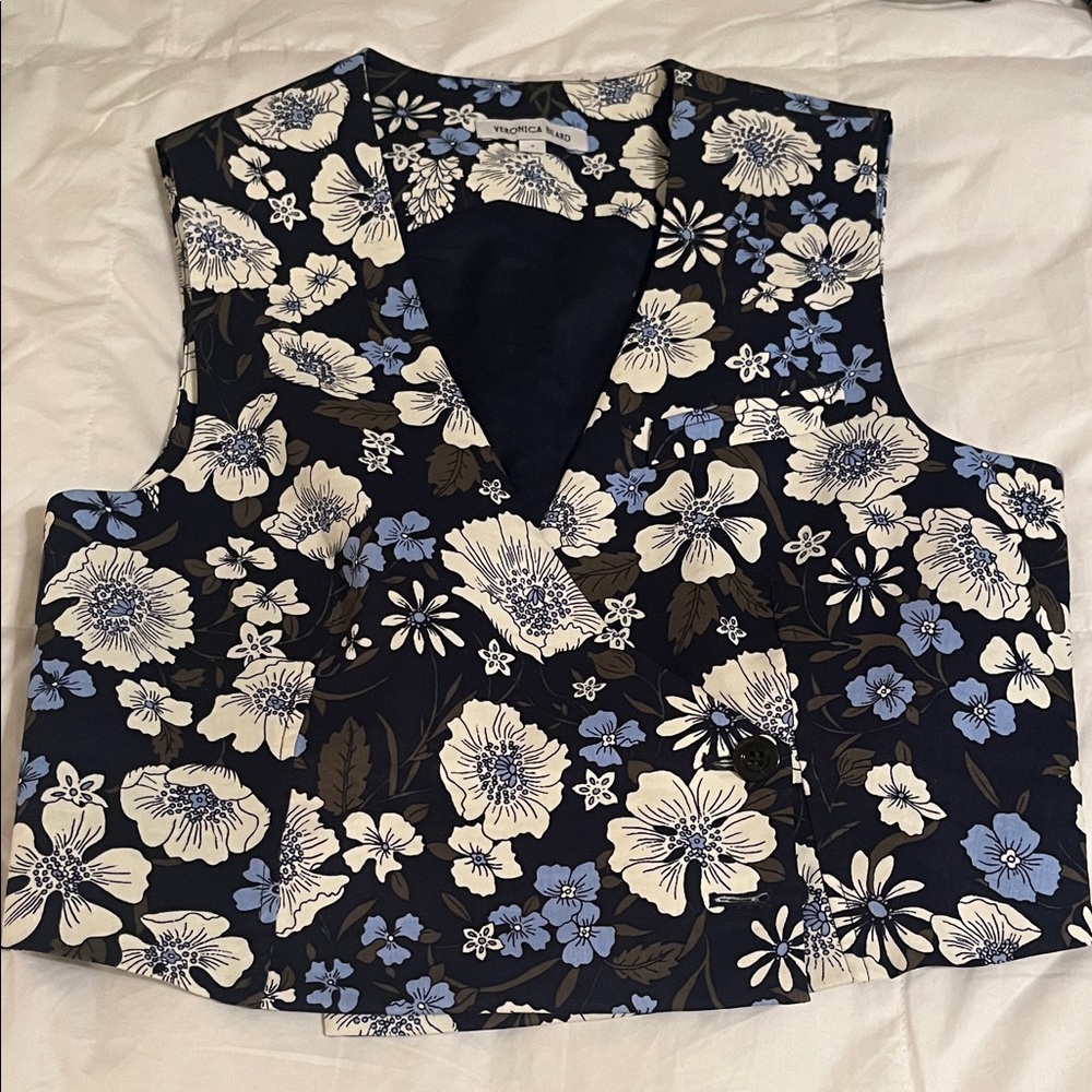 Veronica Beard Navy Floral V-Neck Cropped Linen Vest